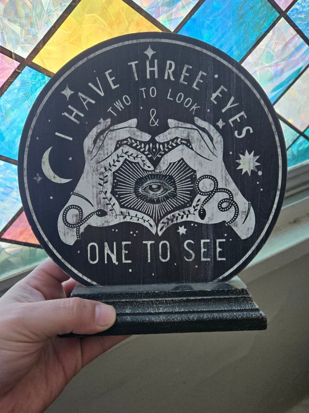 Mystical 'Three Eyes' Wooden Tabletop Sign